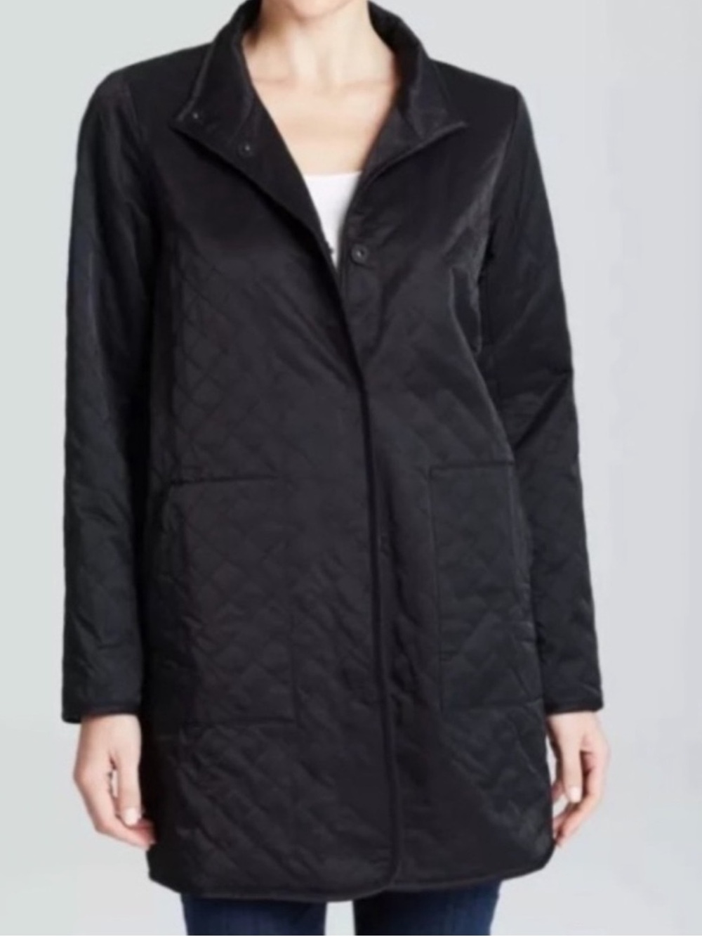Eileen Fisher Quilted Long Chore Coat Button Down Black Large